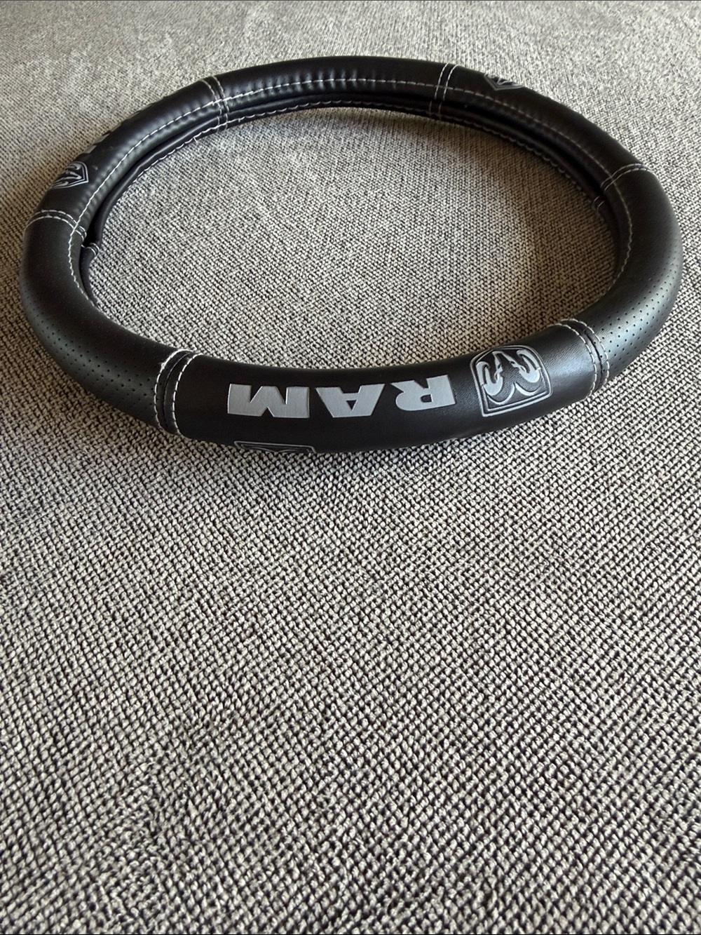 Black Dodge Ram Steering Wheel Cover with White Stitching